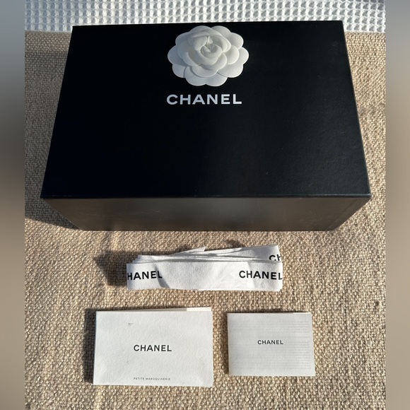 Chanel Black EMPTY HANDBAG STORAGE BOX ONLY W/ White Camellia Ribbon & Booklet